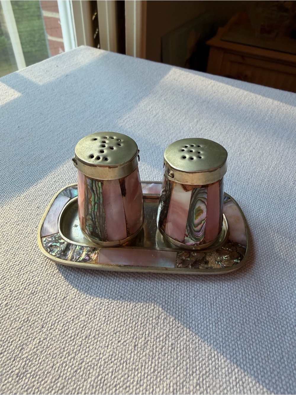 Vintage Alpsca Silver Mother-of-Pearl Abalone  Salt & Pepper Shakers with Tray